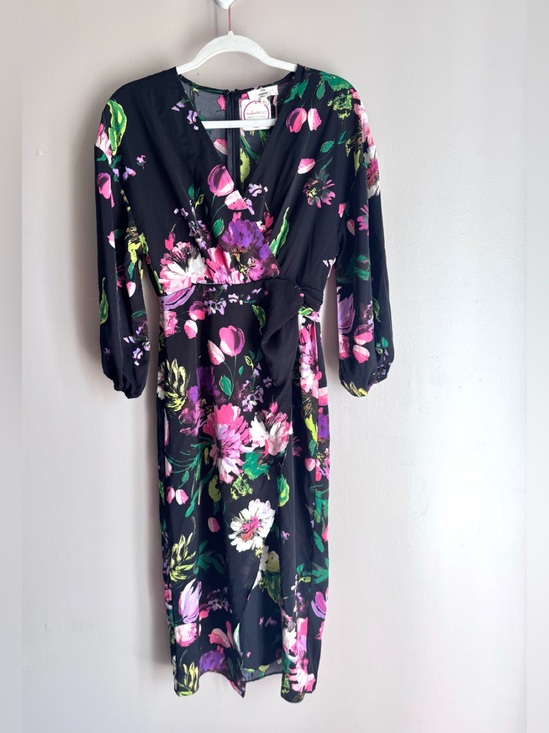 entro Dresses & Skirts - ENTRO BLACK FLORAL TROPICAL WRAP MIDI DRESS Size S Small NEW